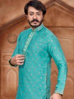 Aqua Blue Jacquard Silk Readymade Kurta Pajama